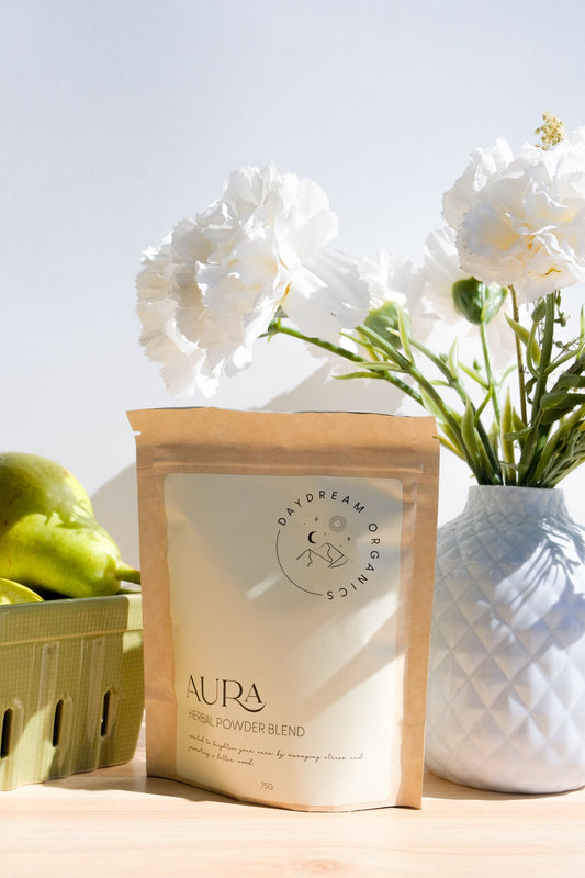 Our Aura Herbal Powder Blend is made using adaptogenic herbs to help support a balanced mood as well as healthy cortisol levels and stress responses.